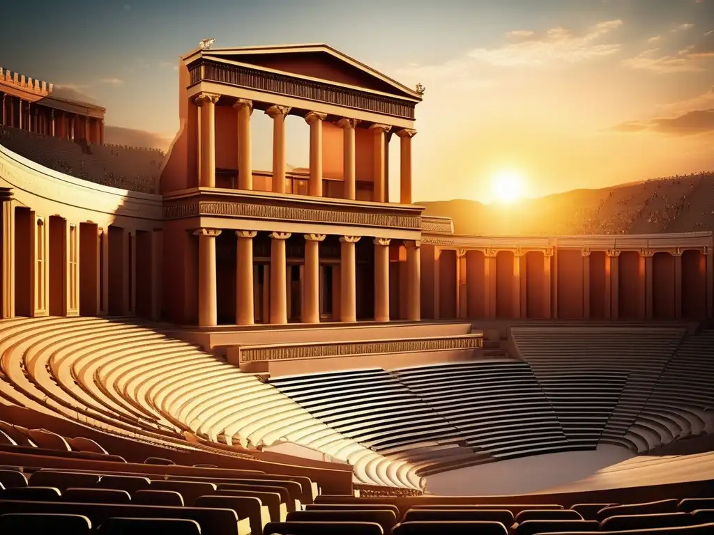 Importancia del coro dramático en Grecia: Anfiteatro griego al atardecer con coro en escena