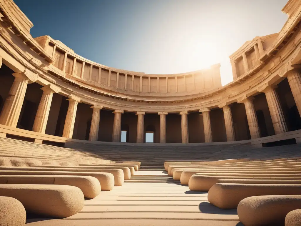 Importancia del teatro griego en la civilización antigua: Anfiteatro griego en 8K con majestuosos asientos y arquitectura imponente