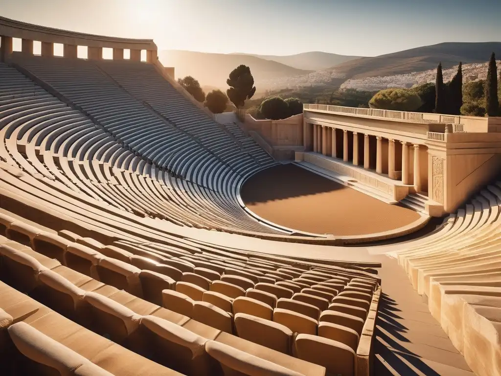 Retórica en la Antigua Grecia: Anfiteatro griego con figura hablando en un escenario impresionante