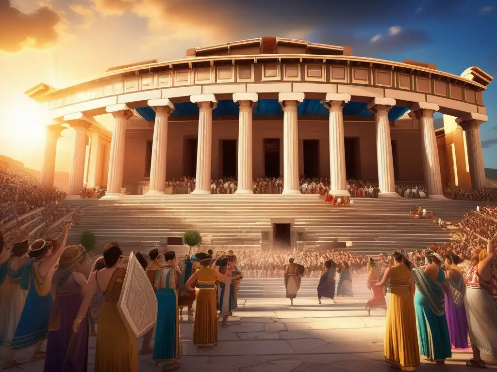 Anfiteatro antiguo en Grecia Influencia democrática en festividades griegas: anfiteatro antiguo, colores vibrantes, arquitectura detallada, baile tradicional