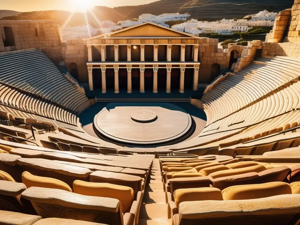 Influencia teatral en la Antigua Grecia: Anfiteatro griego bañado en cálida luz dorada, con asientos de piedra y esculturas mitológicas