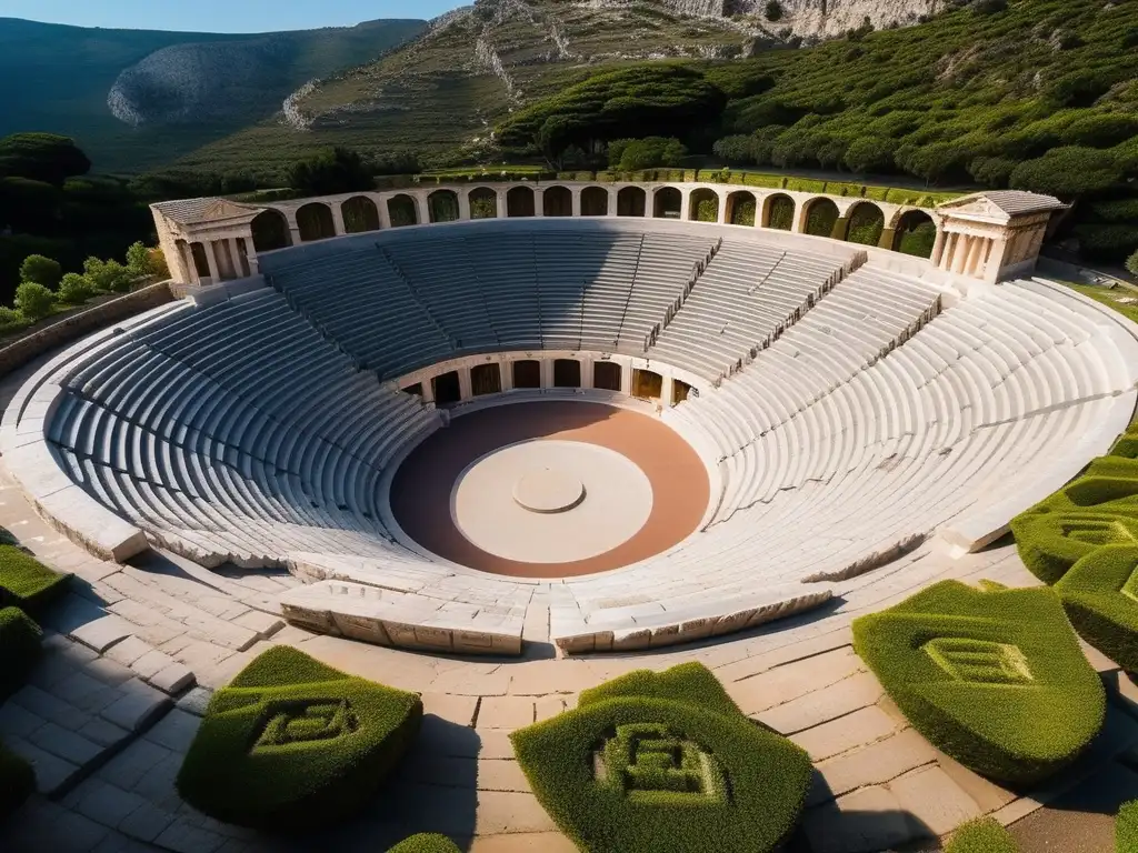 Evolución teatro Grecia: anfiteatro antiguo exquisito con detalles arquitectónicos y carvings, rodeado de naturaleza