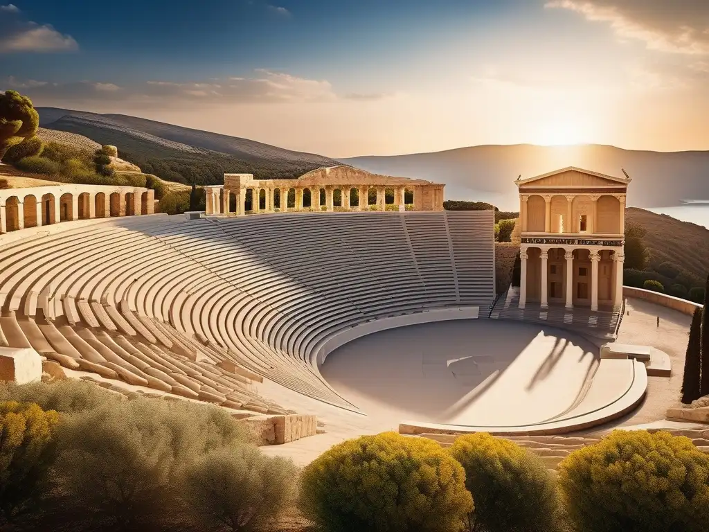 Influencia del teatro griego clásico en la majestuosidad de un anfiteatro rodeado de paisaje griego