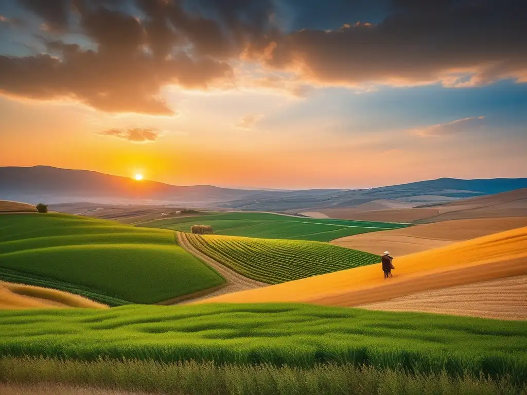 Historia de la agricultura griega: paisaje antiguo de Grecia, campos verdes, granjero orgulloso, pueblo pintoresco y arquitectura tradicional