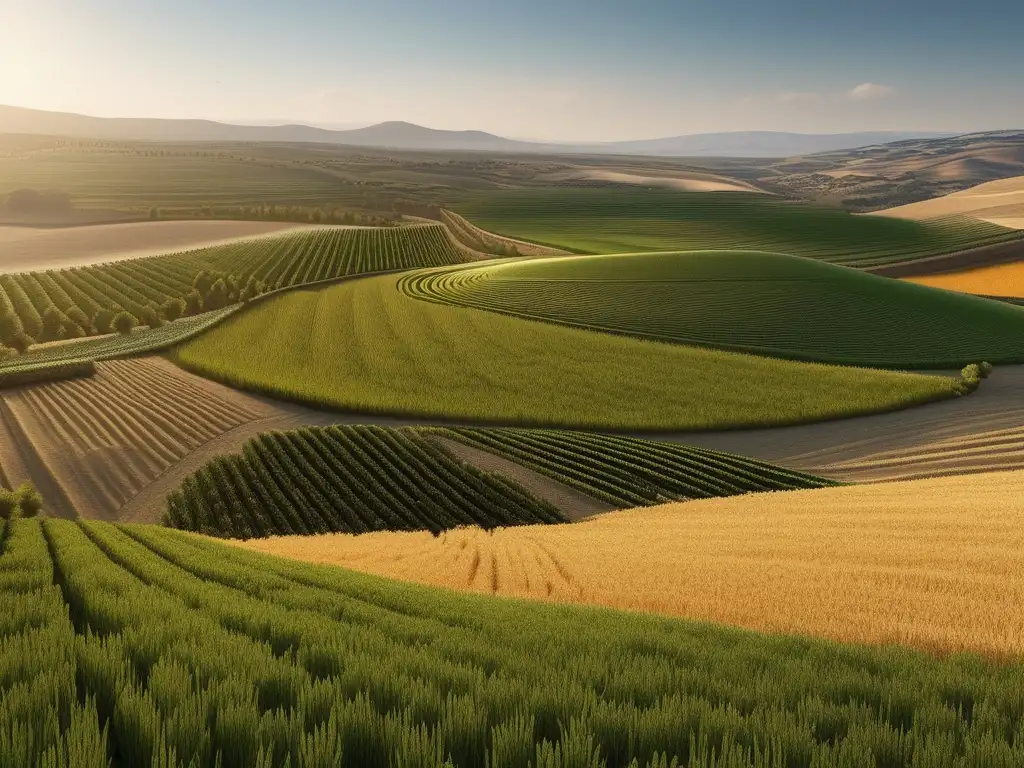 Influencia economía agrícola sociedad griega: paisaje agrícola griego con agricultores trabajando en campos de trigo, cebada y olivas