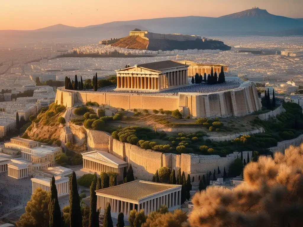 Descubriendo hazañas épicas de héroes homéricos en Antigua Grecia: vista panorámica de Atenas, el Parthenon, calles empedradas y ruinas antiguas, todo bañado por el mar Egeo