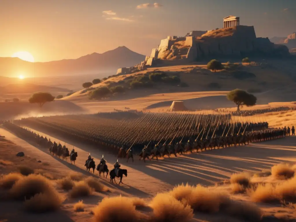 Medición distancias Antigua Grecia: Soldados, armaduras y paisaje en batalla histórica al atardecer