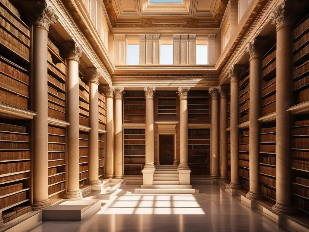 Biblioteca griega antigua con estanterías de mármol llenas de libros y rollos, resaltando la importancia de la educación en Grecia (110 caracteres)
