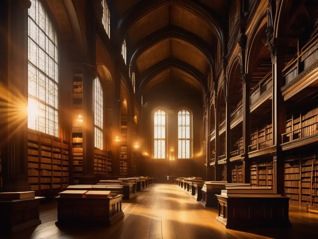 Biblioteca antigua con libros y manuscritos, iluminada en tonos dorados