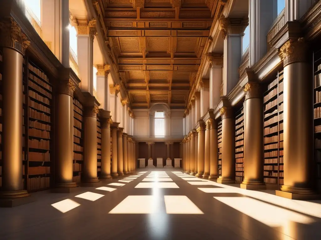 Biblioteca antigua iluminada por luz dorada, con libros y rollos de inscripciones griegas y latinas