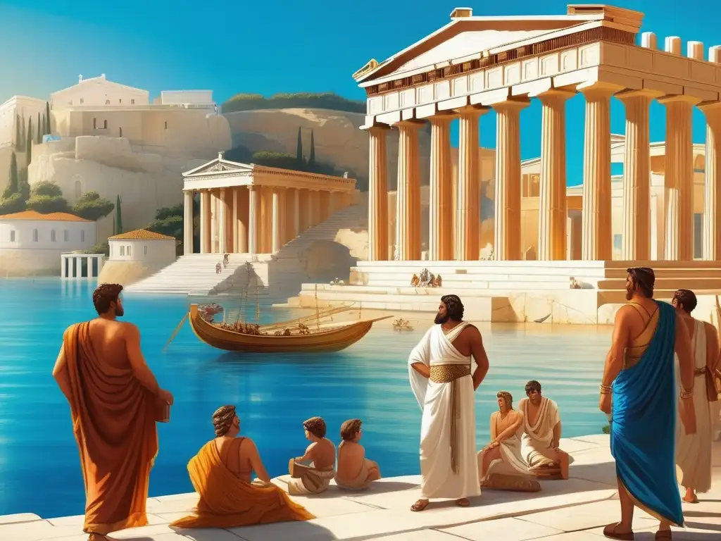 Antigua ciudad griega y recaudadores de impuestos Impuestos en la Antigua Grecia: Ciudad griega con recolectores de impuestos y arquitectura impresionante