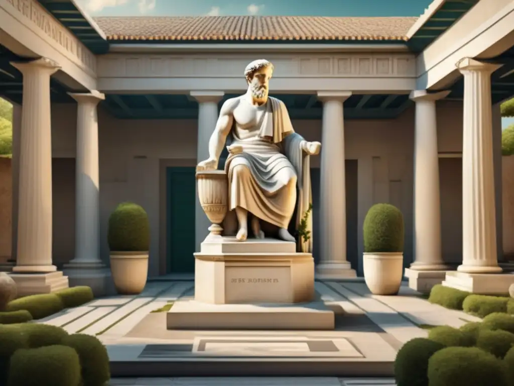 Familia en la antigua Grecia: Patio griego con estatua paternal, madre con bebé y niños educándose