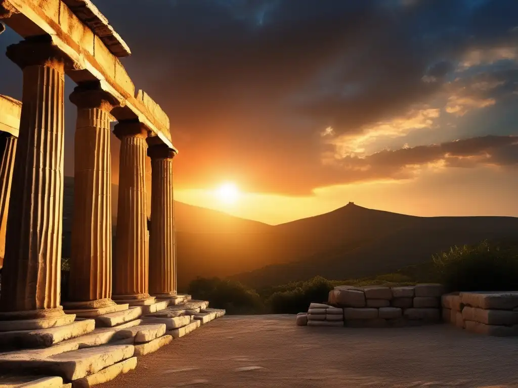 Impacto esclavitud infantil en Antigua Grecia: Ruinas griegas con atardecer impresionante