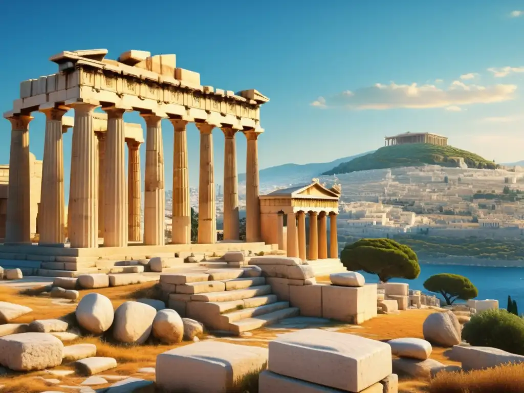 Herramientas construcción antigua Grecia: imagen 8k muestra vibrante ciudad antigua, templos, estatuas, maestro esculpiendo columna, detalles precisos