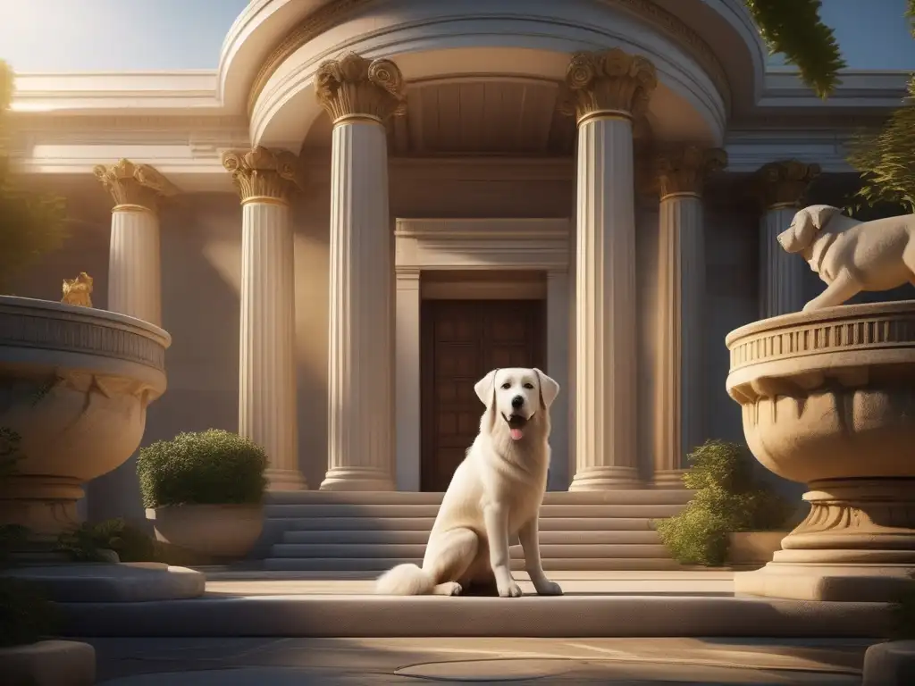 Convivencia animales domésticos en Grecia: patio griego con estatua de perro leal, gatos elegantes, aves coloridas y peces vibrantes