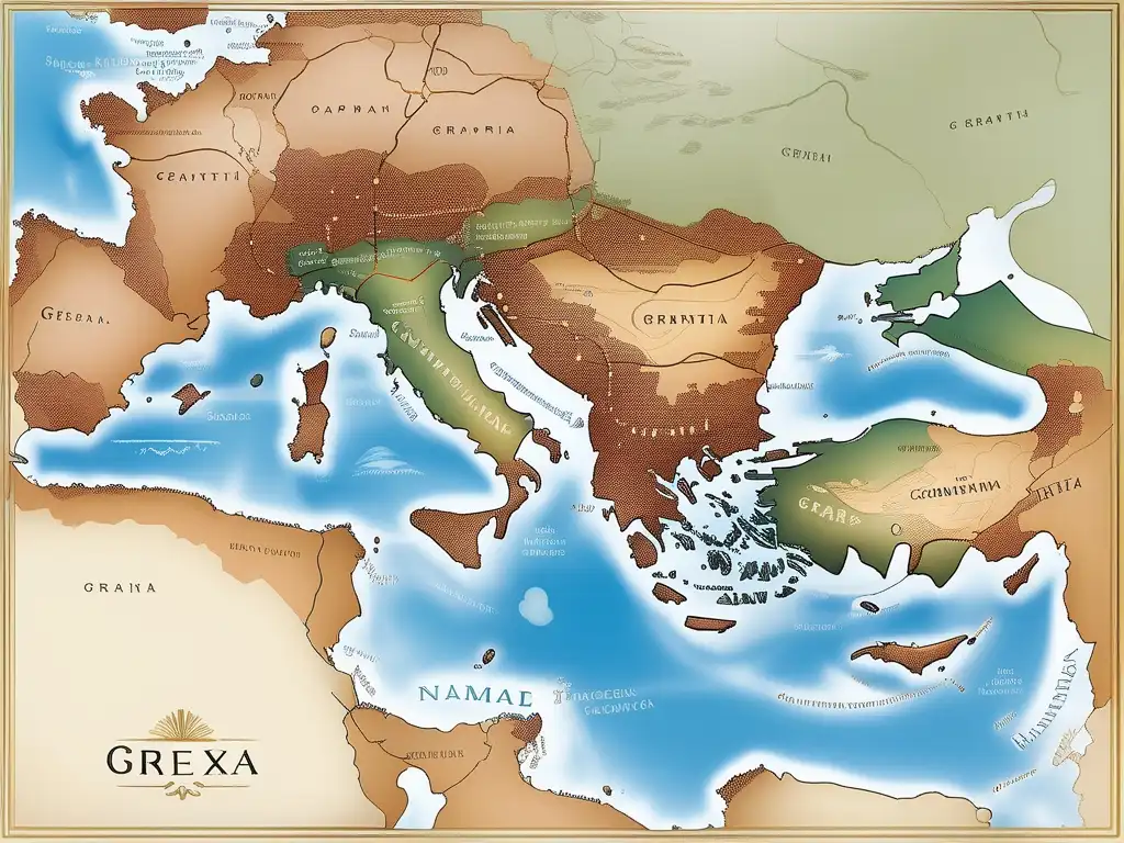 Vista panorámica de las antiguas ciudades-estado griegas, destacando sus ubicaciones estratégicas y alianzas