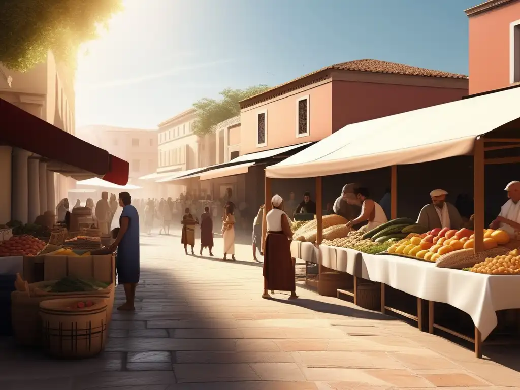 Fotografía realista de un bullicioso mercado griego antiguo con puestos de frutas, verduras, textiles y cerámica