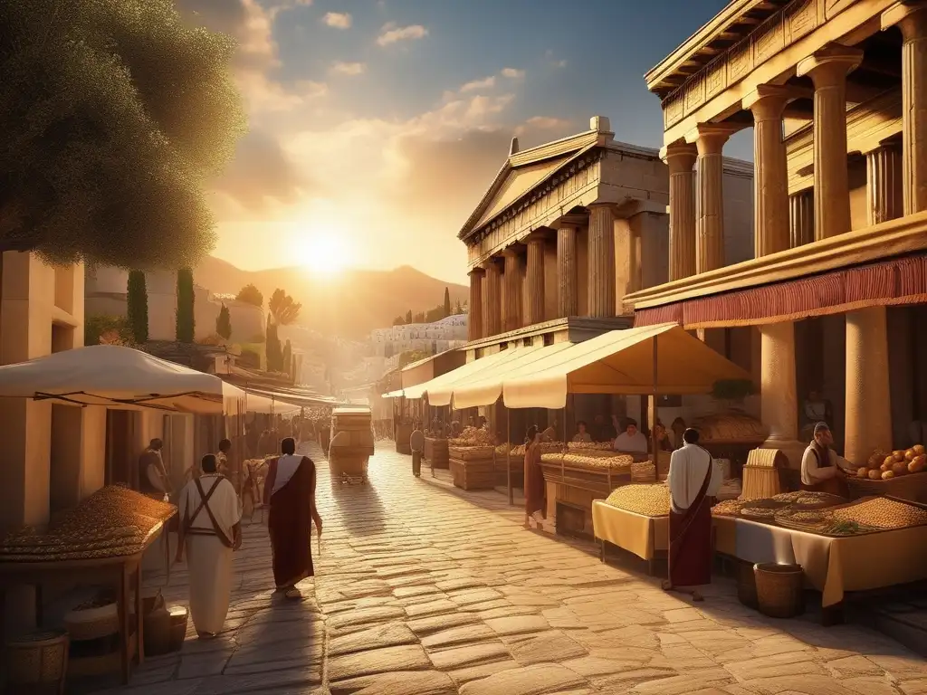 Importancia del trueque en la Antigua Grecia - Escena vibrante de un mercado griego antiguo con arquitectura, mercaderes y detalles realistas