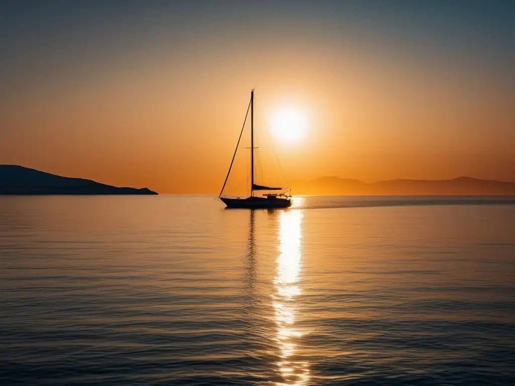 Comercio marítimo en la Antigua Grecia: paisaje costero sereno, aguas cristalinas, barco navegando, atardecer pintoresco