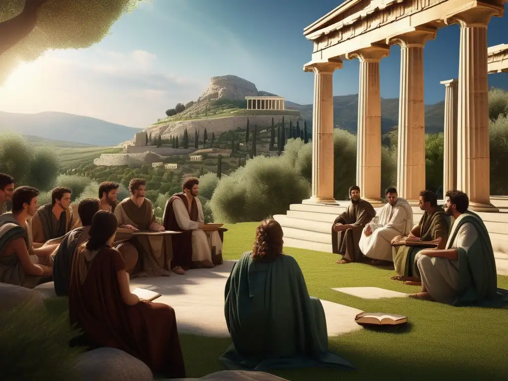 Didáctica en la Antigua Grecia: estudiantes entusiastas rodean a un sabio profesor en un paisaje verde con olivos, mientras aprenden