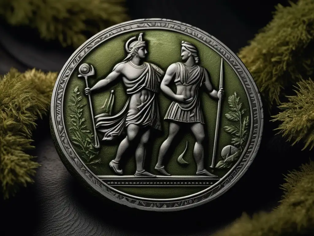 Moneda antigua de Grecia con engravings de Zeus, Athena y Hermes