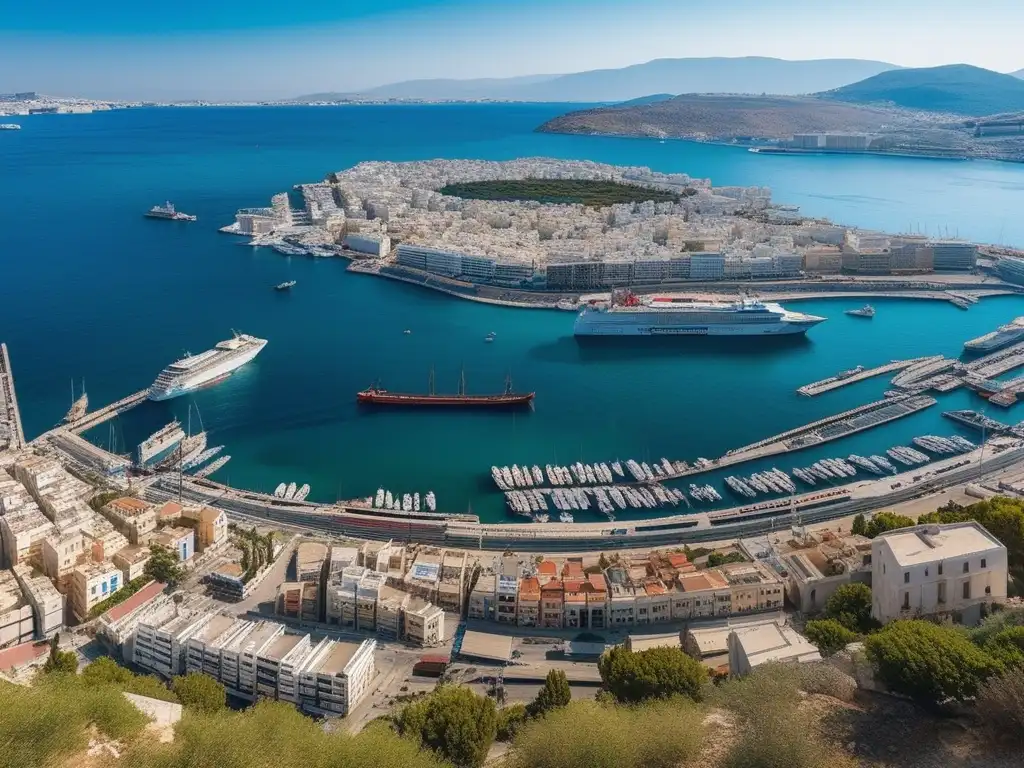 Historia del puerto de Pireo en la Antigua Grecia: panorámica de actividad marítima con barcos, mercaderes y arquitectura clásica