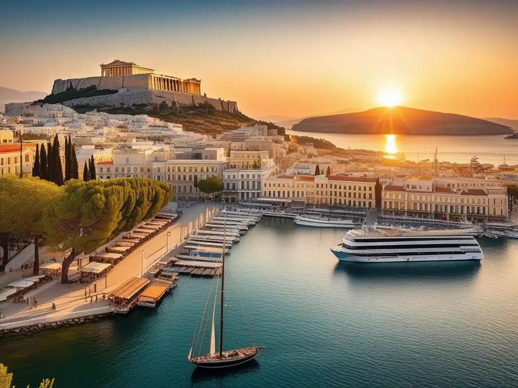 Impresionante vista de la antigua ciudad portuaria de Atenas, reflejada en el mar Egeo