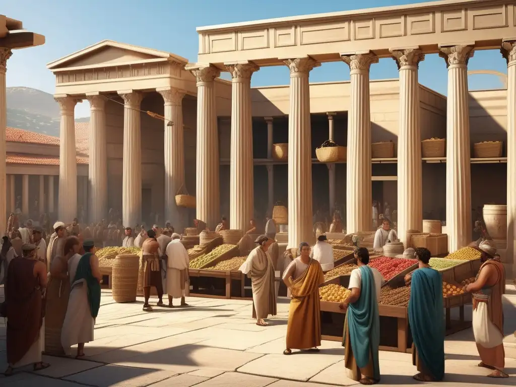 Importancia del trueque en la Antigua Grecia: escena animada de un mercado griego con detalles arquitectónicos clásicos y comerciantes negociando