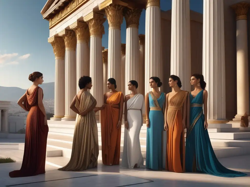 Moda y vestimenta en Grecia antigua: Mujeres elegantes en vestidos plisados, rodeadas de arquitectura y colores opulentos