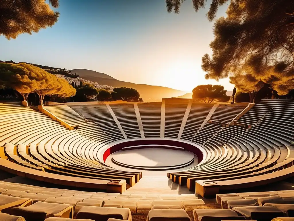 Antigua celebración democrática en anfiteatro Amphiteatro griego al aire libre, lleno de gente vestida con togas y coronas de hojas de olivo, celebrando festividades democráticas