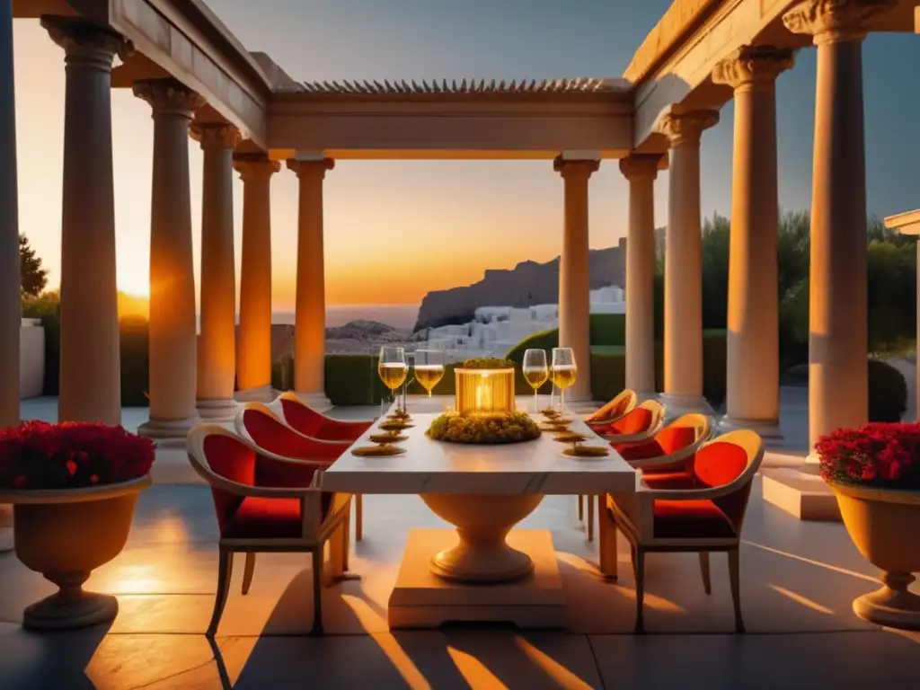 Ritual del symposium en Grecia: Majestuoso patio griego con mesa de mármol, copas doradas y filósofos conversando