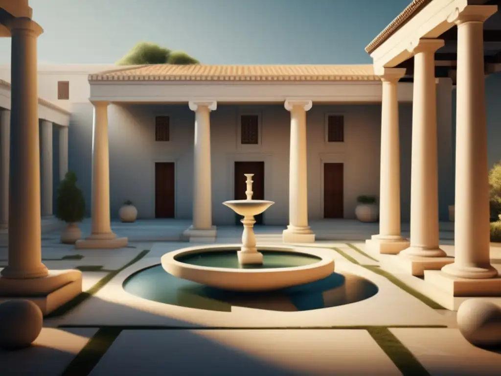 Patio griego sereno con columnas y fuente Vida conyugal en la Antigua Grecia: Perspectivas y costumbres