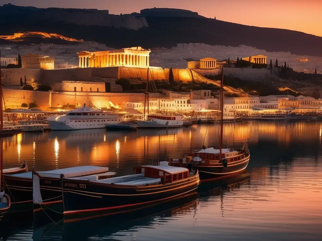 Puertos griegos en la puesta de sol con Acropolis - Evolución de los puertos griegos en una imagen vibrante y auténtica