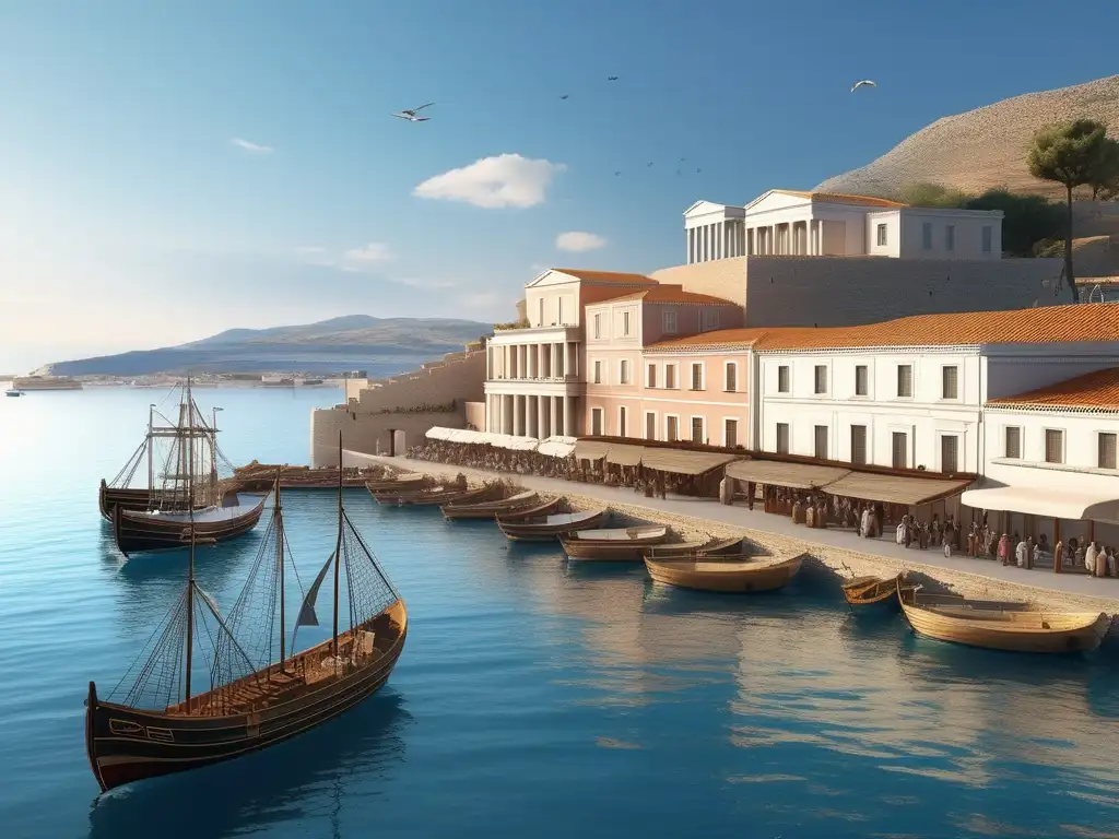 Escena animada de un antiguo puerto griego con comercio marítimo y la expansión de Grecia