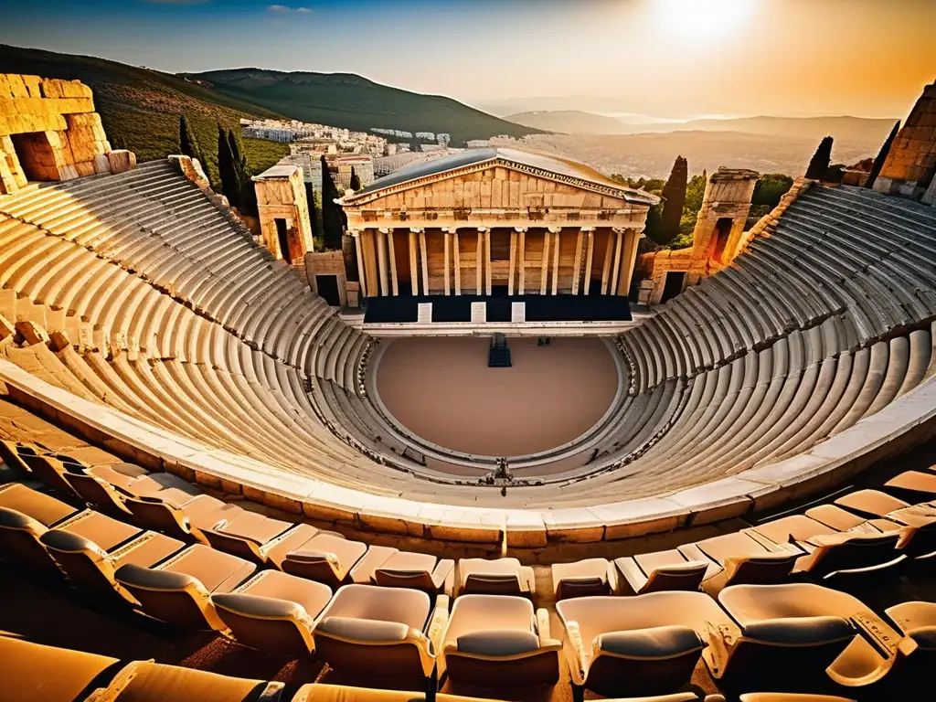 Importancia del teatro en Atenas: Escena en el antiguo teatro griego, resplandeciente bajo la cálida luz dorada