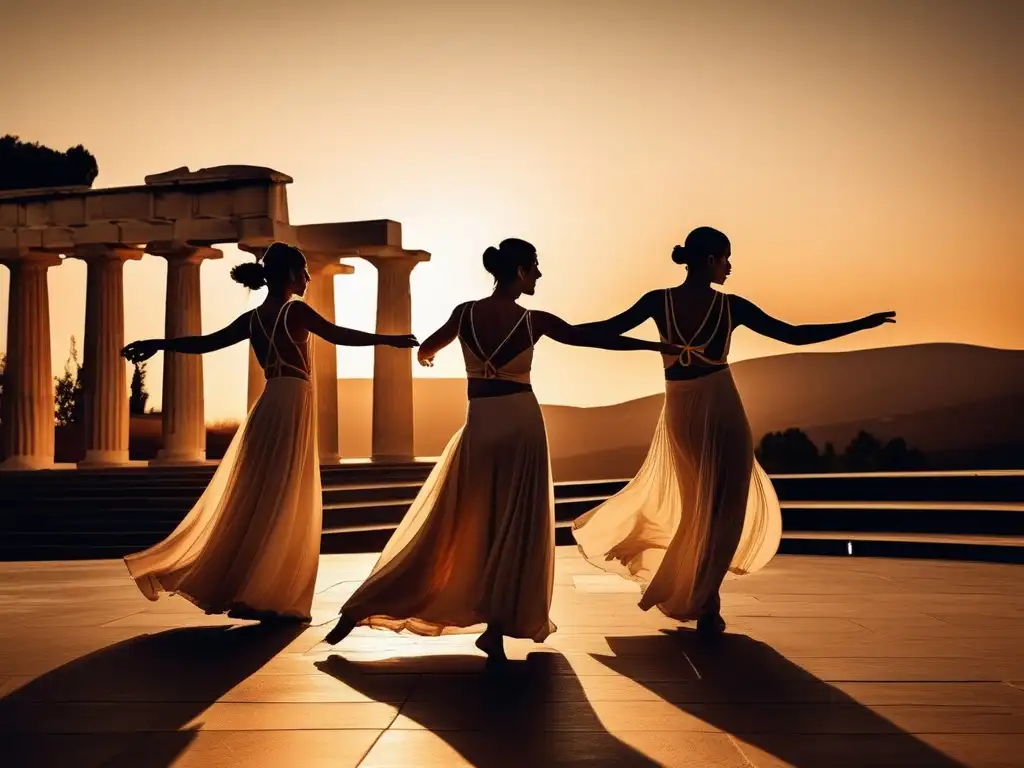 Danza y música en la Antigua Grecia: una imagen impresionante de un ritual de baile griego en un anfiteatro al aire libre al atardecer