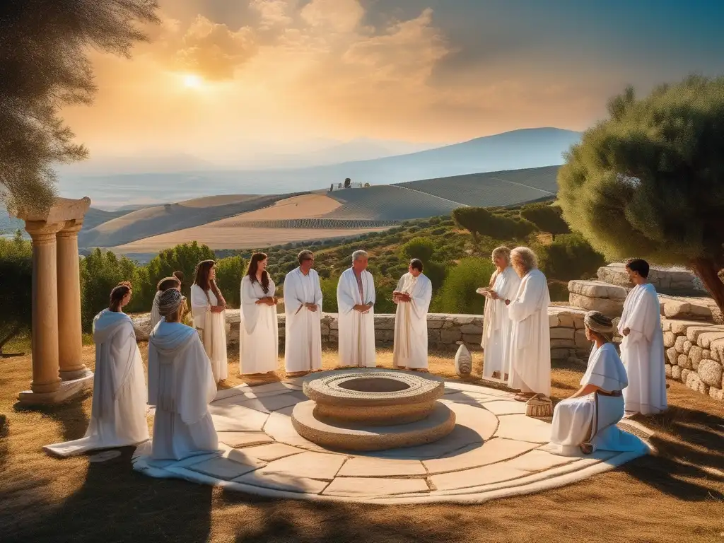 Rituales divinatorios en la antigua Grecia: escena serena y mística con individuos en túnicas blancas alrededor de un altar de piedra adornado