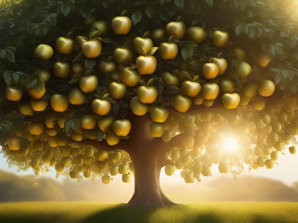 Leyenda de las manzanas doradas griegas en un árbol de manzanas doradas frente a un fondo de vegetación exuberante