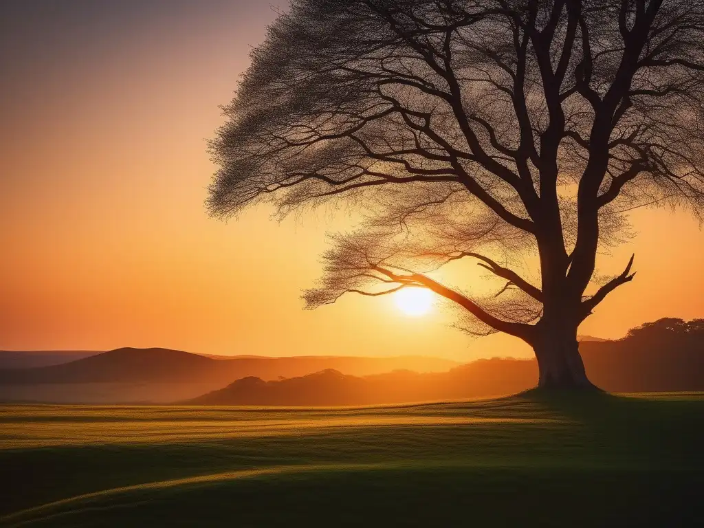 Paisaje sereno y minimalista con árbol solitario y cielo vibrante - Filosofía del ser en Parménides
