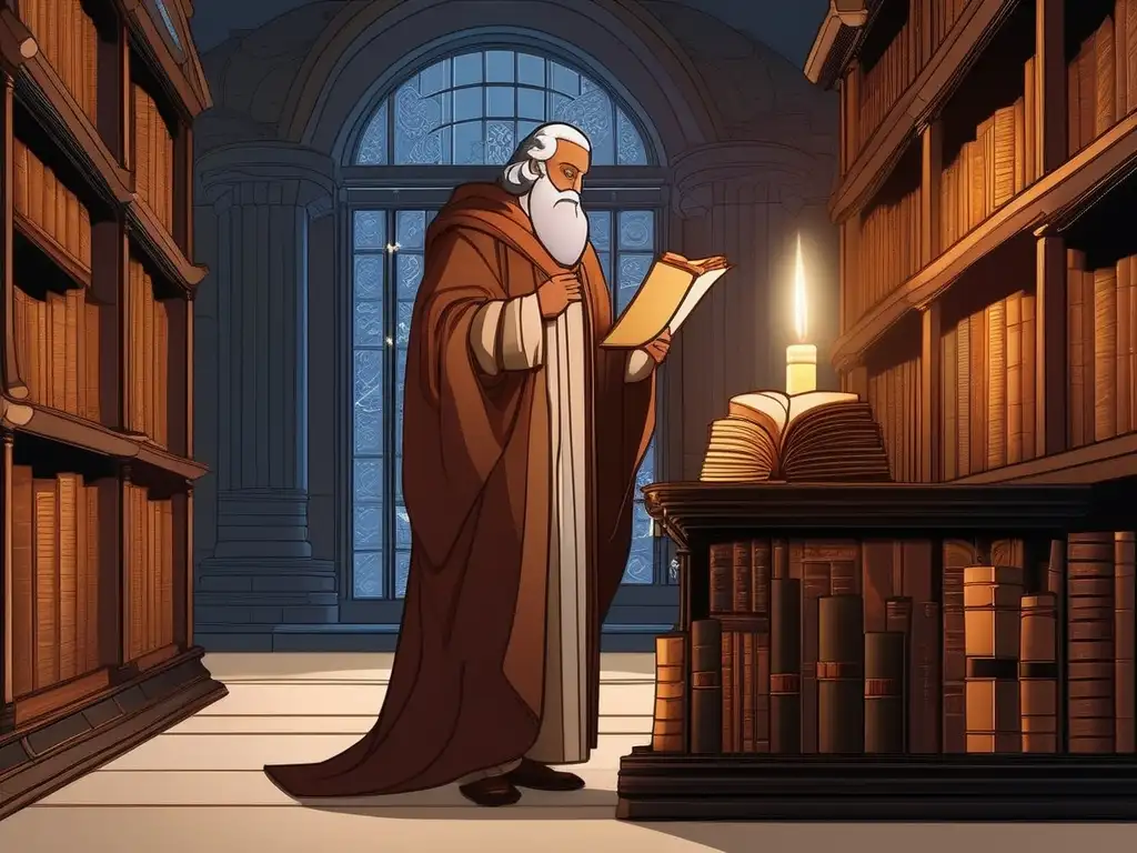 Archimedes en una biblioteca rodeado de libros y pergaminos antiguos, destacando sus contribuciones científicas del Periodo Helenístico