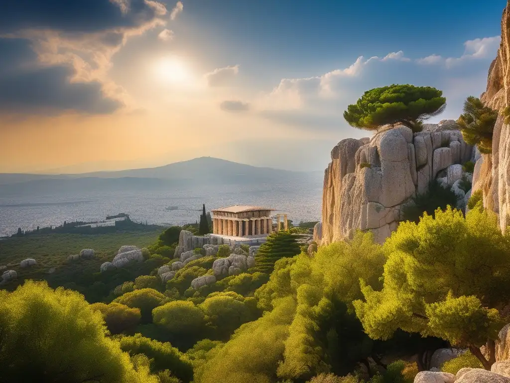 Legado legislativo de la Antigua Grecia: Areópago, majestuoso sitio histórico con formaciones rocosas y exuberante vegetación