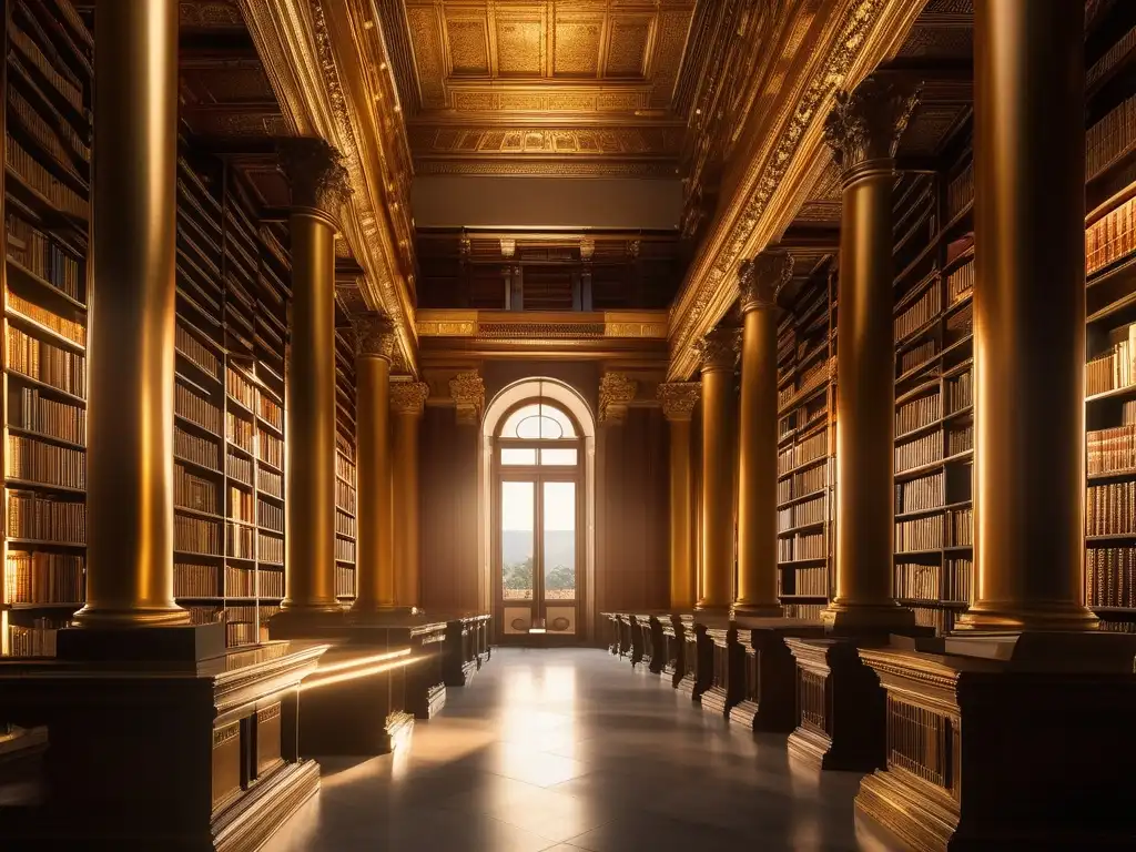 Filosofía helenística y legado de Aristóteles en una imagen impresionante de una antigua biblioteca griega con libros y detalles arquitectónicos