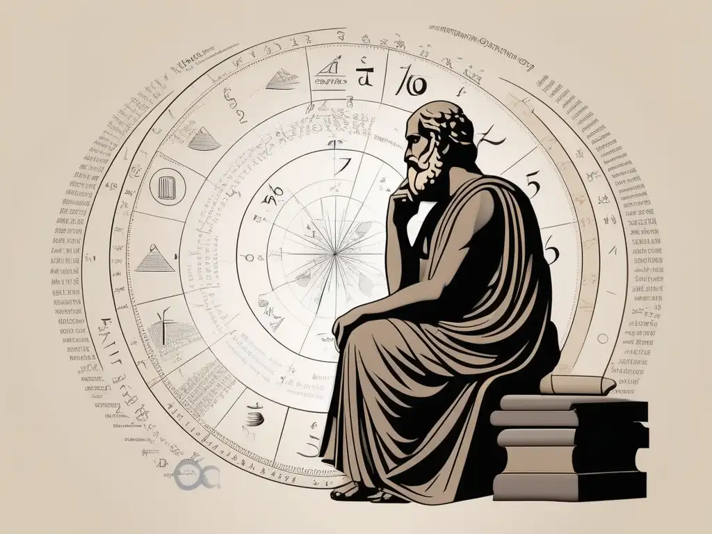 Filosofía matemática en la antigua Grecia: Retrato minimalista de Aristóteles rodeado de símbolos y ecuaciones