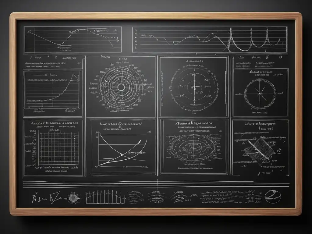 Influencia invenciones griegas ciencia moderna: imagen minimalista de pizarra llena de ecuaciones y diagramas científicos avanzados