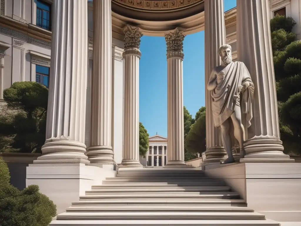 Importancia del Liceo en lógica y ciencia: Imagen de Aristóteles en la majestuosa entrada con detalles arquitectónicos, rodeado de belleza natural