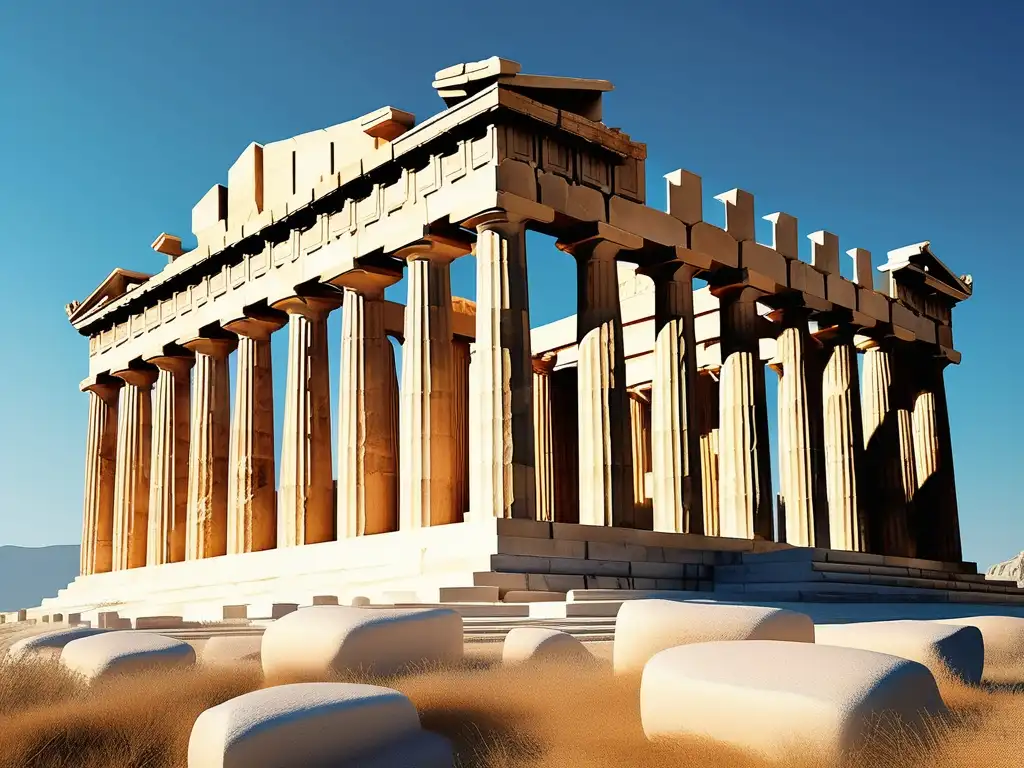 Influencia arquitectura griega: Parthenon majestuoso bajo el sol dorado