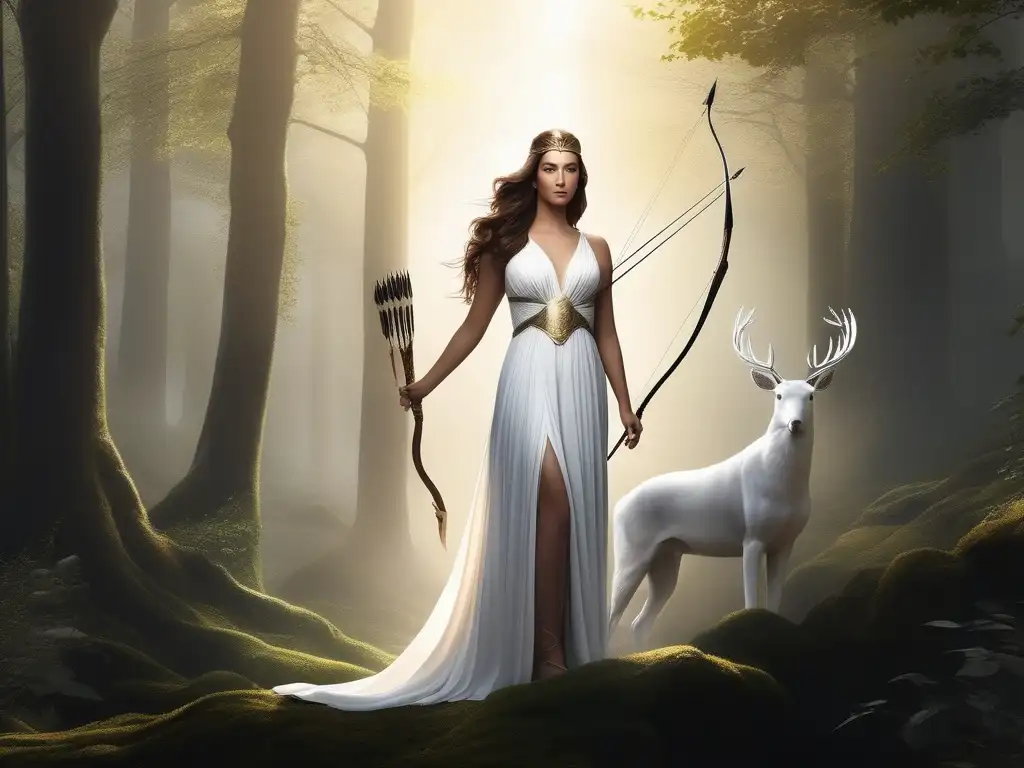 Artemis, diosa griega de la caza, en un bosque sereno con animales sagrados