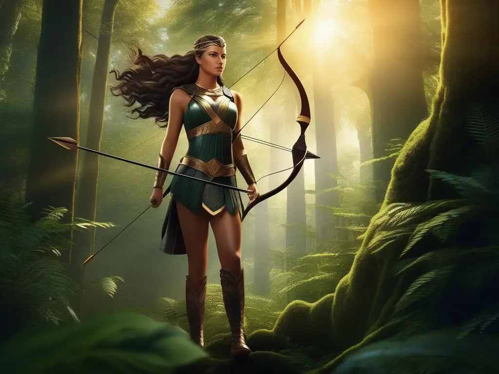 Artemis, diosa de la caza y la guerra, poderosa y valiente en un bosque exuberante