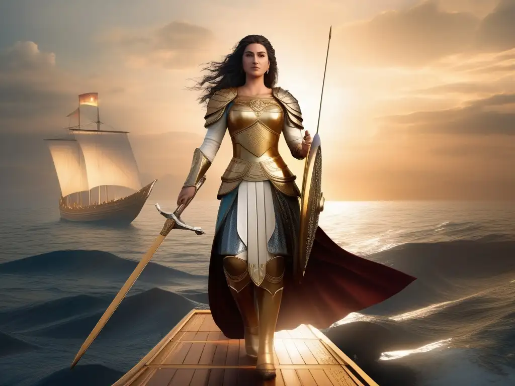 Reina guerrera Artemisia I Grecia, poderosa imagen fotorealista de la regia presencia de la Reina en un navío de guerra, con el mar sereno de fondo