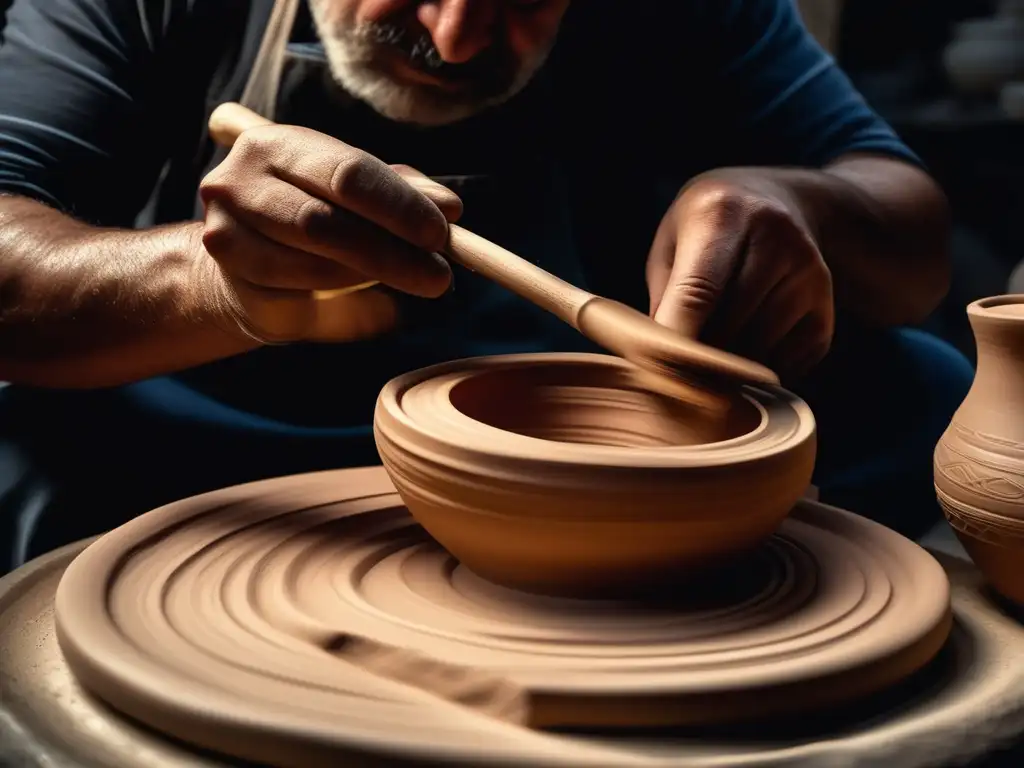 Proceso de fabricación de cerámica en la Antigua Grecia: artesano trabajando en un relieve de una vasija, detalle y realismo